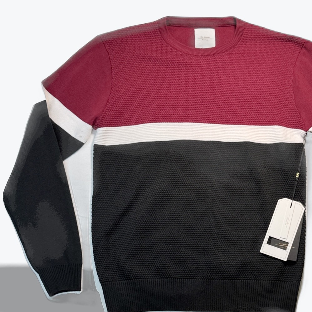 Six Lincoln Sweater Mens Large Colorblock Textured Knit Burgundy Black White New